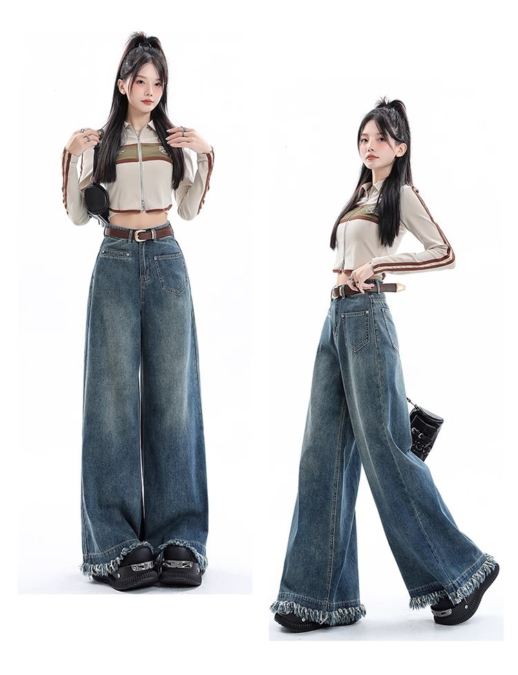 Quần Jean Nữ Ống Rộng Phong Cách Retro Mỹ, Gấu Sơ Vin, Cạp Cao, Dáng Suông Tôn Dáng, Thiết Kế Mới QJ060250