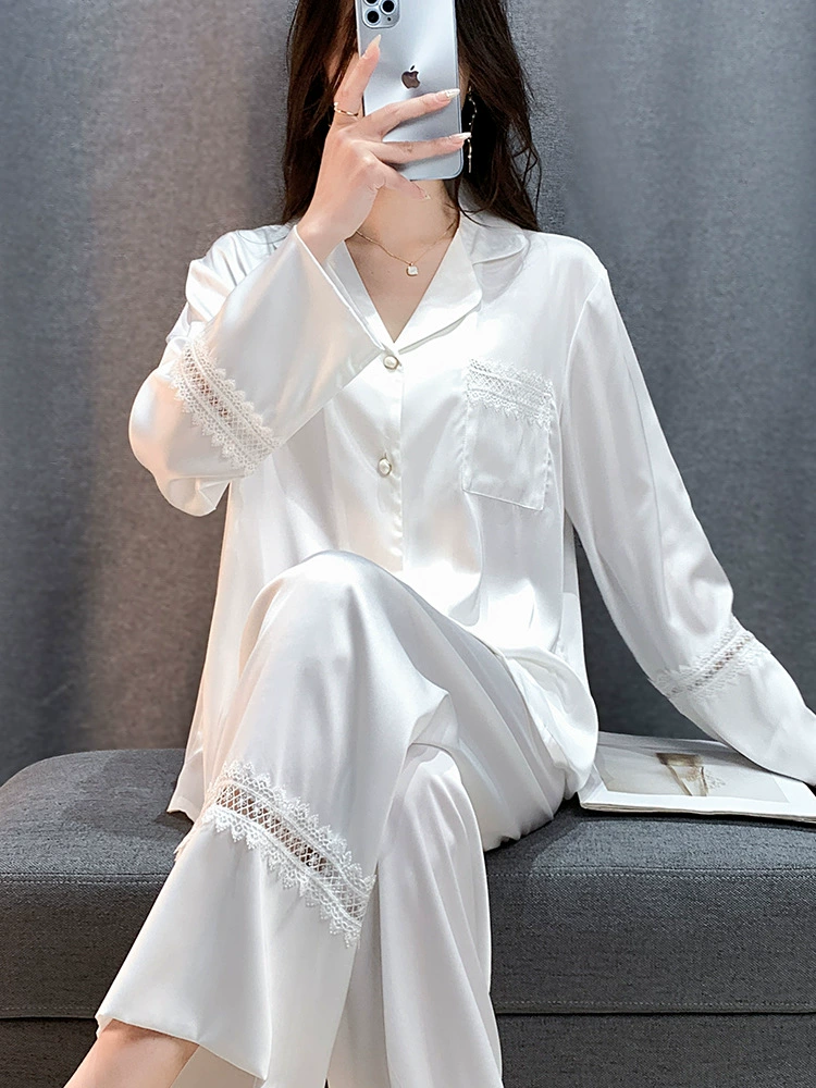 Bộ Đồ Ngủ Lụa Băng Mùa Xuân Thu, Mặc Ngoài Ren Đôi Quần Dài Tay Đơn Giản DN155250