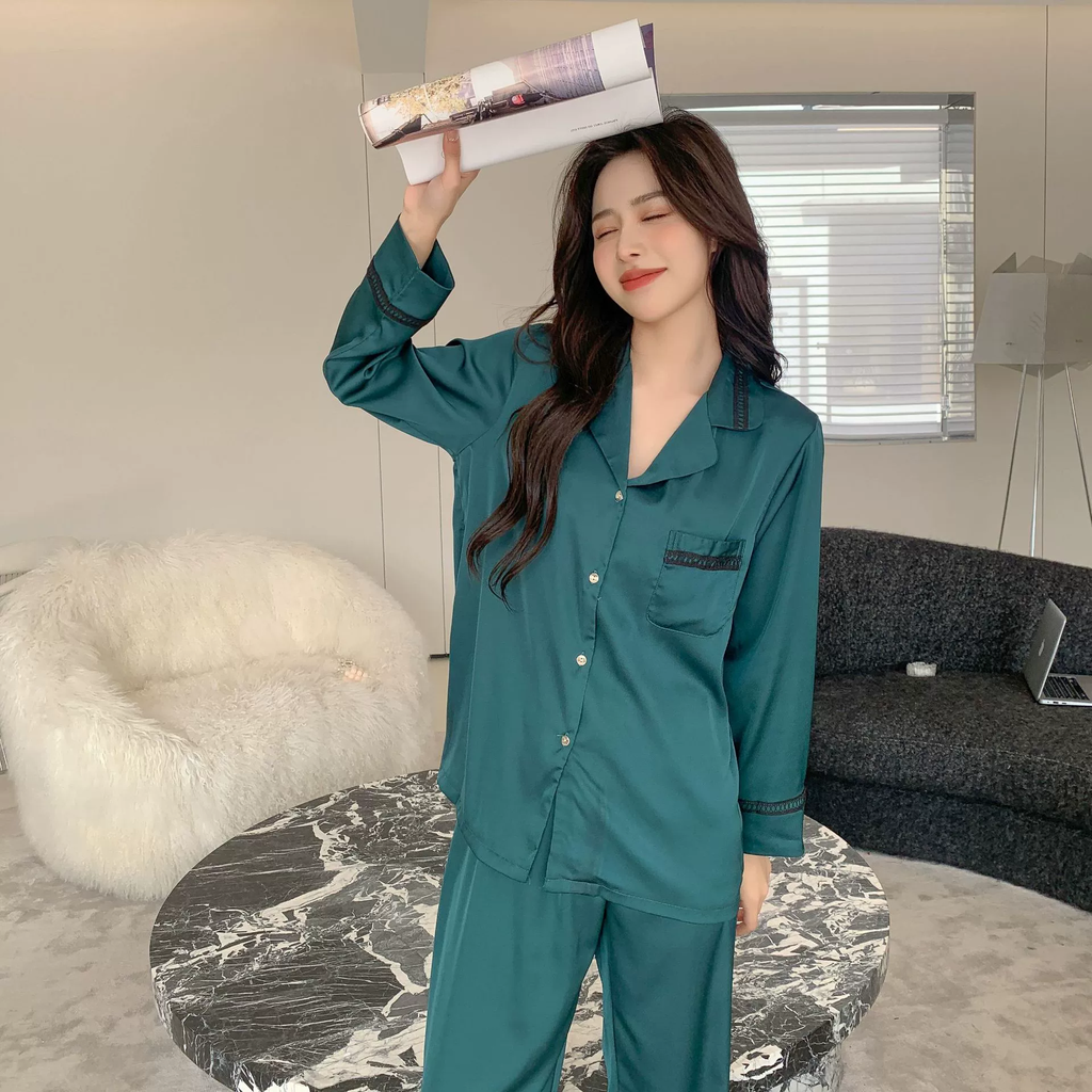 Bộ Đồ Ngủ Lụa Băng Mới Cho Nữ, Phong Cách INS, Quần Áo Mặc Nhà Dài Tay, Lụa Cao Cấp DN158250