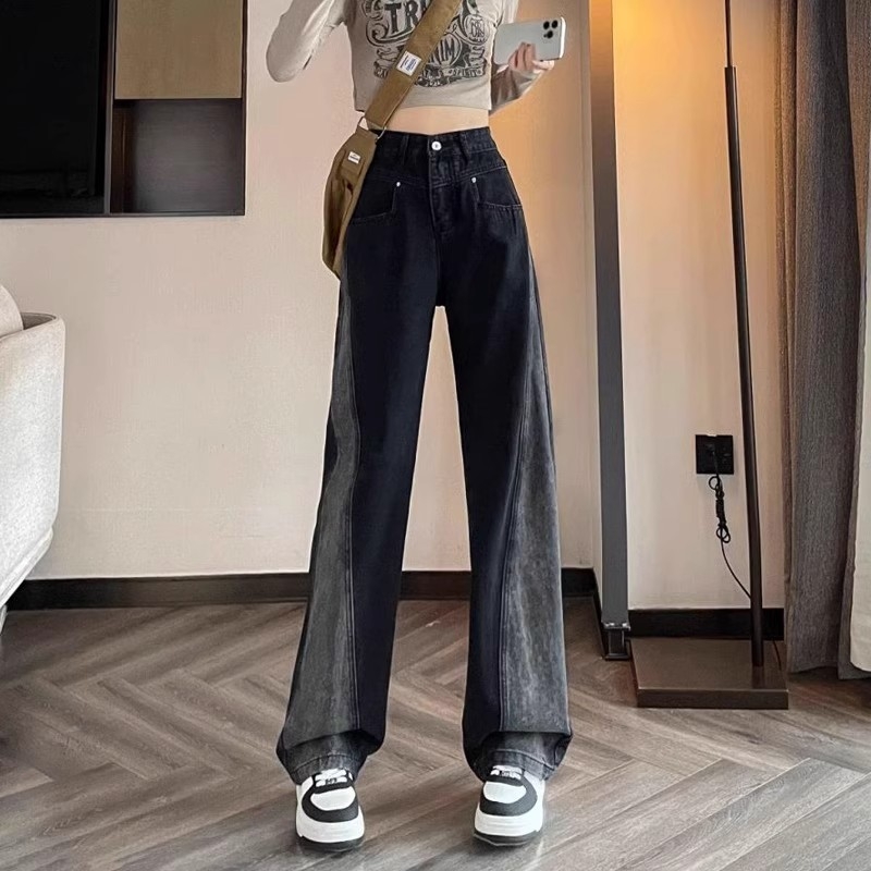 Quần jean cạp cao ống rộng màu đen viền xám dáng suông phong cách Hàn Quốc QJ020250