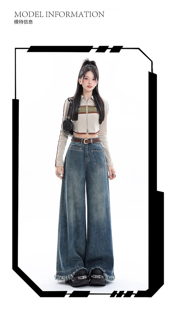 Quần Jean Nữ Ống Rộng Phong Cách Retro Mỹ, Gấu Sơ Vin, Cạp Cao, Dáng Suông Tôn Dáng, Thiết Kế Mới QJ060250