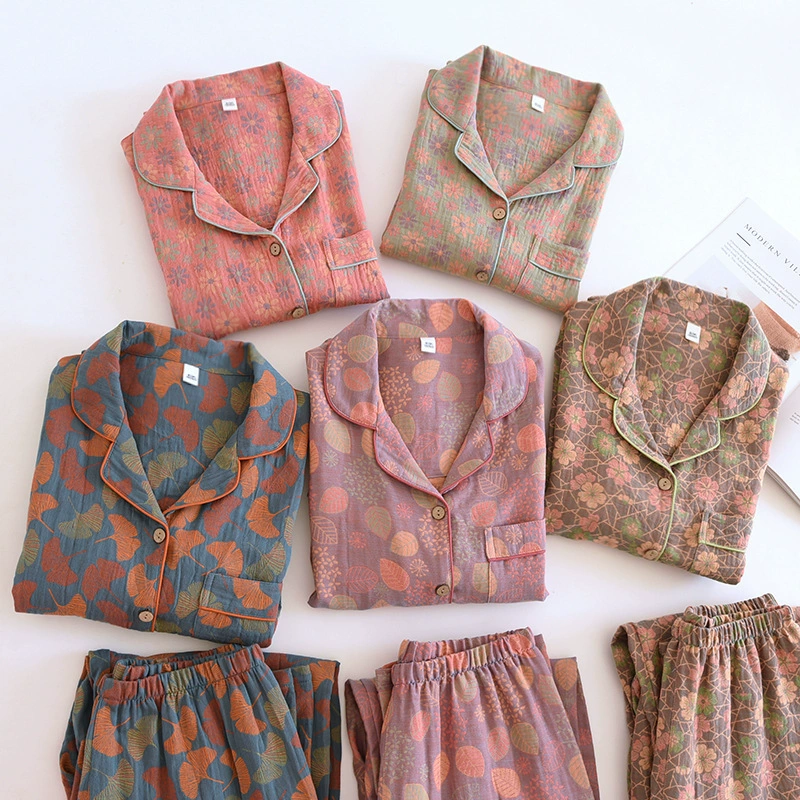 Bộ Đồ Ngủ Pyjama Vải Xô Cotton Jacquard Dài Tay Họa Tiết Vintage