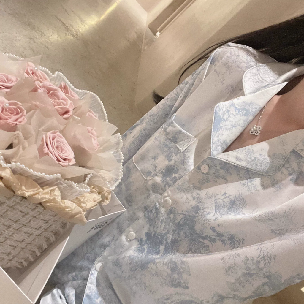 Bộ Đồ Ngủ Pijama Nữ Lụa Băng Kiểu Pháp - Áo Cổ Bẻ Dài Tay In Họa Tiết Phối Quần Dài, Nhiều Họa Tiết