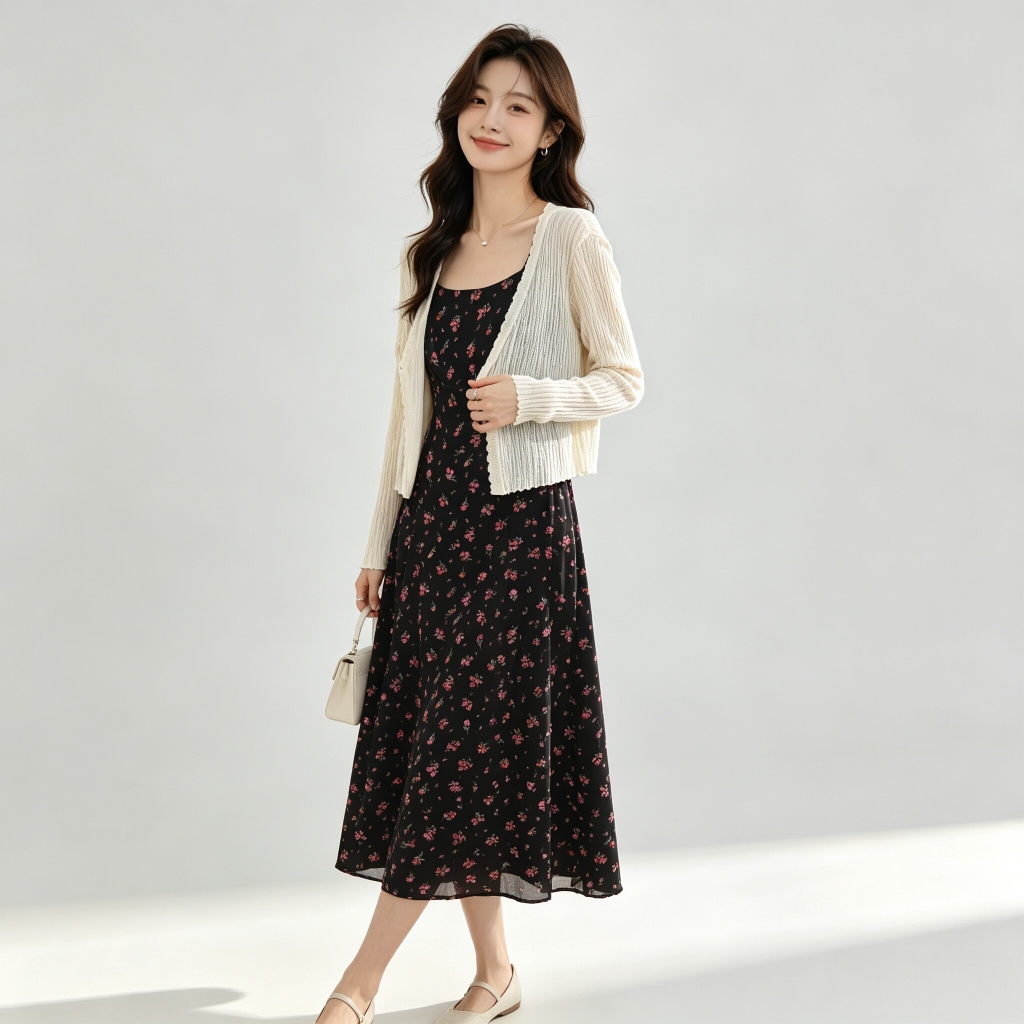 Set 2 món: Áo khoác + Đầm hoa nhí phong cách Pháp B680