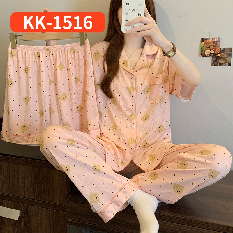 Bộ Đồ Ngủ Nữ Vải Nhăn 3 Món Tay Ngắn - Họa Tiết Nơ Ngọt Ngào Phong Cách Hàn