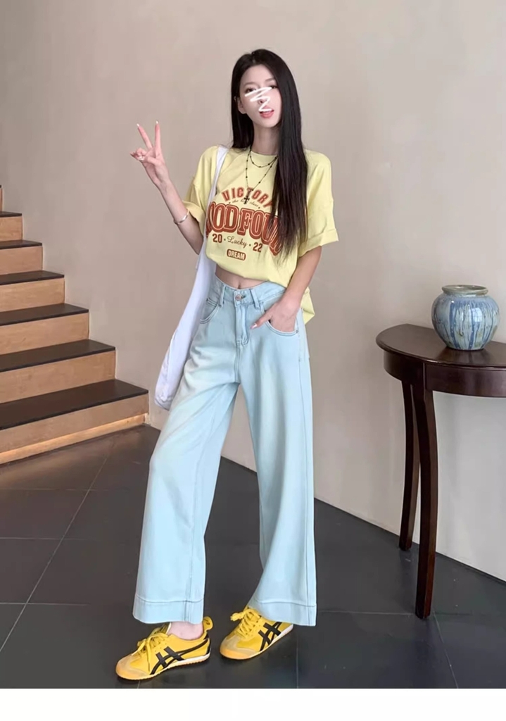 Quần jean cạp cao ống suông dáng dài QJ210240