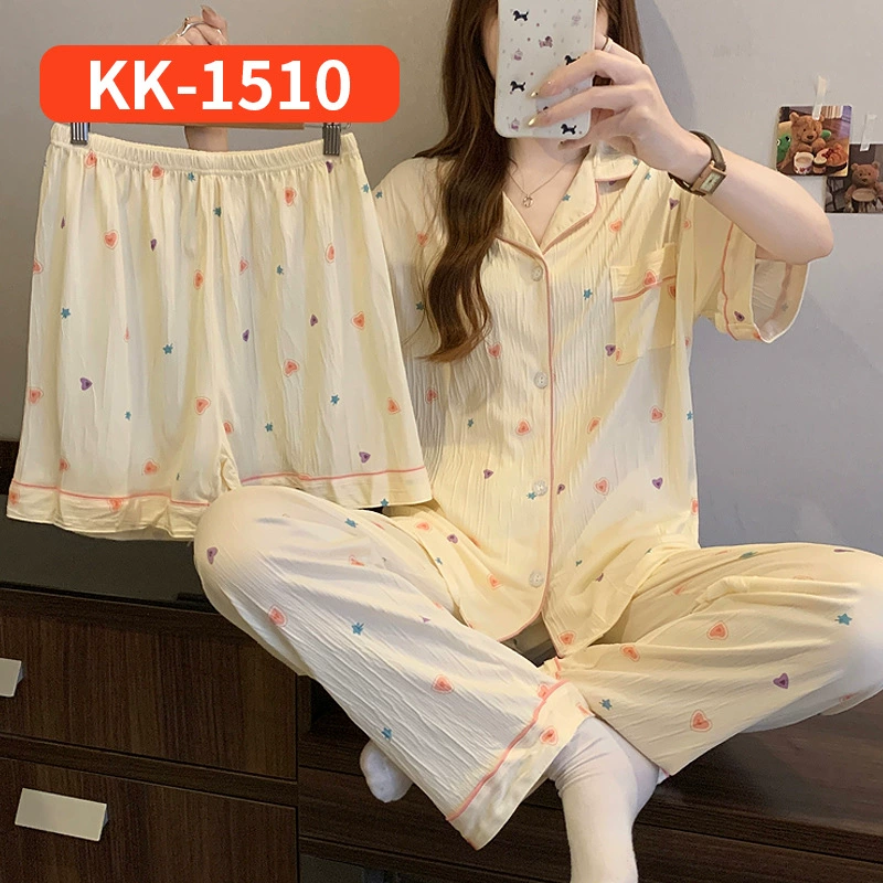 Bộ Đồ Ngủ Nữ Vải Nhăn 3 Món Tay Ngắn - Họa Tiết Nơ Ngọt Ngào Phong Cách Hàn