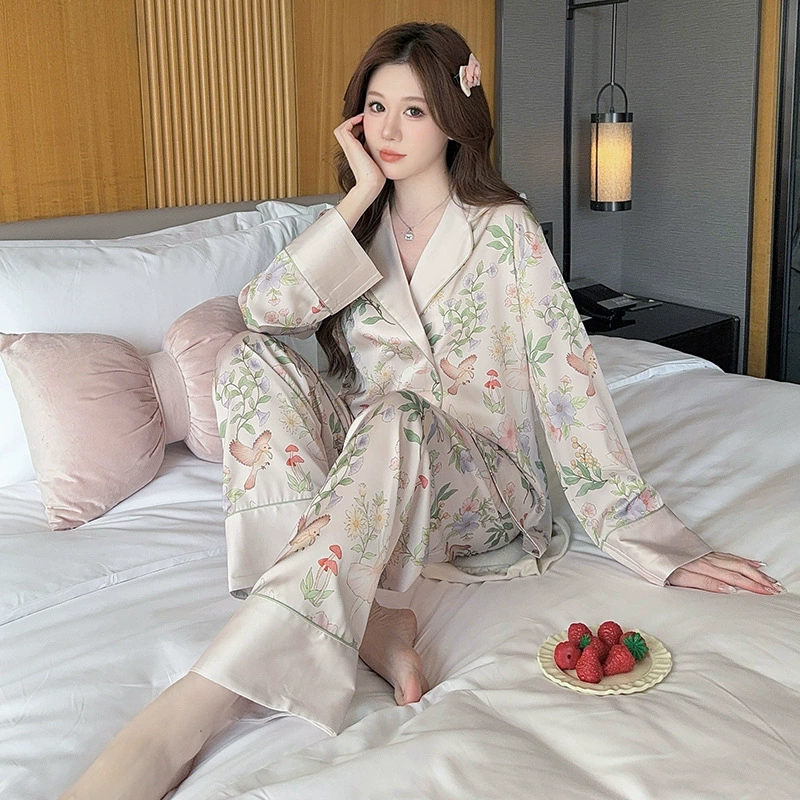 Bộ đồ ngủ lụa băng tay dài phong cách Pháp - vải lụa nhân tạo mát mẻ, nhiều hoạ tiết