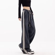 Quần jeans ống rộng ống đứng kẻ sọc đen giặt rộng rãi phong cách retro QJ028250