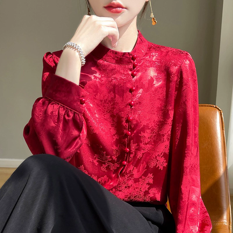 Áo Sơ Mi Nữ Tay Dài Phong Cách Trung Hoa - Cổ Đứng Dệt Jacquard, Cài Cúc Truyền Thống, Thanh Lịch