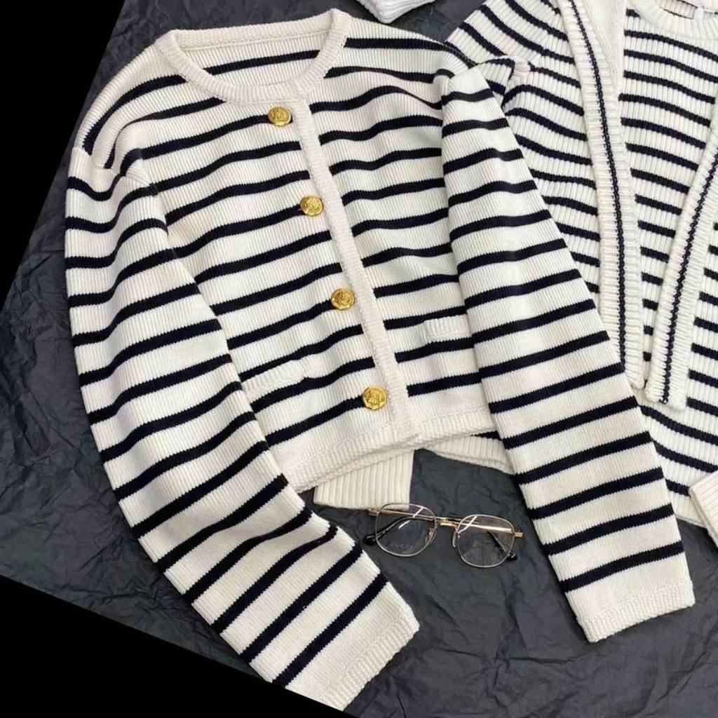 Áo khoác Cardigan len dệt kim kẻ sọc cổ tròn kiểu pháp xu hướng thu đông D316240
