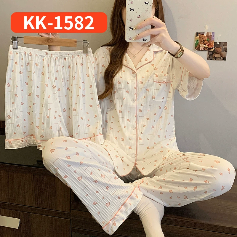 Bộ Đồ Ngủ Nữ Vải Nhăn 3 Món Tay Ngắn - Họa Tiết Nơ Ngọt Ngào Phong Cách Hàn
