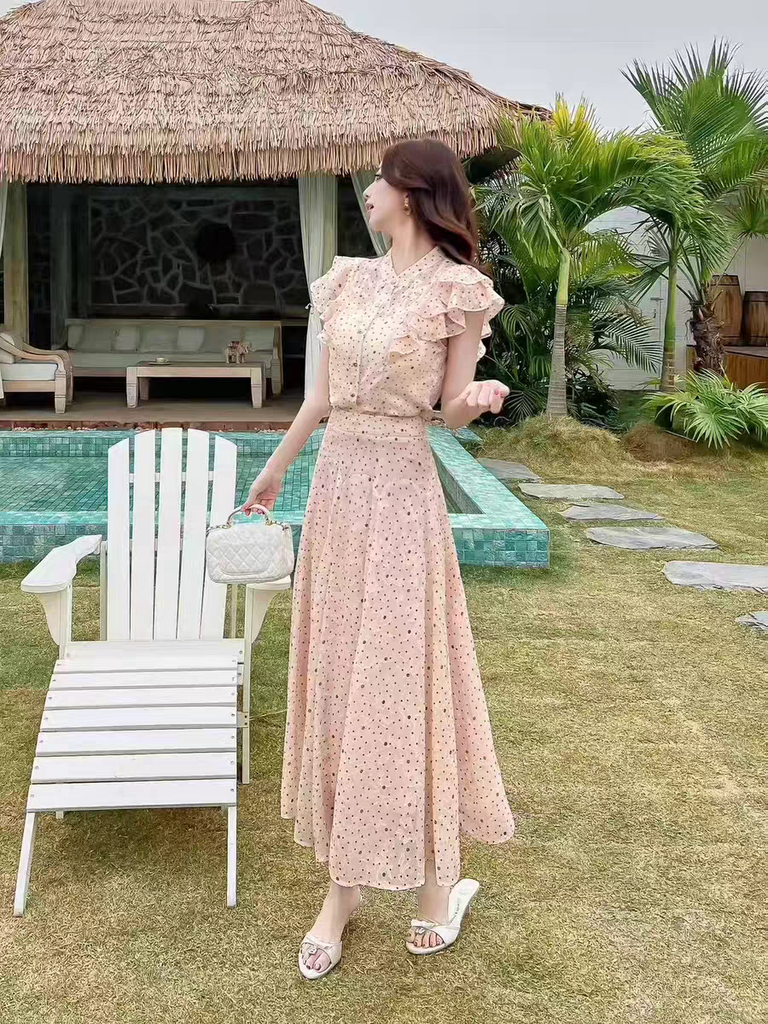 Set 2 món áo chấm bi tay cánh tiên + chân váy B531