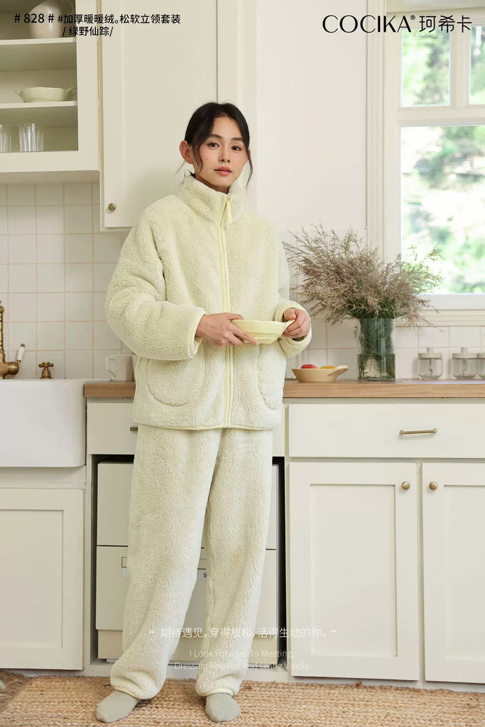 Bộ đồ ngủ nhung san hô lót lông cừu ấm áp - mặc nhà mùa thu đông