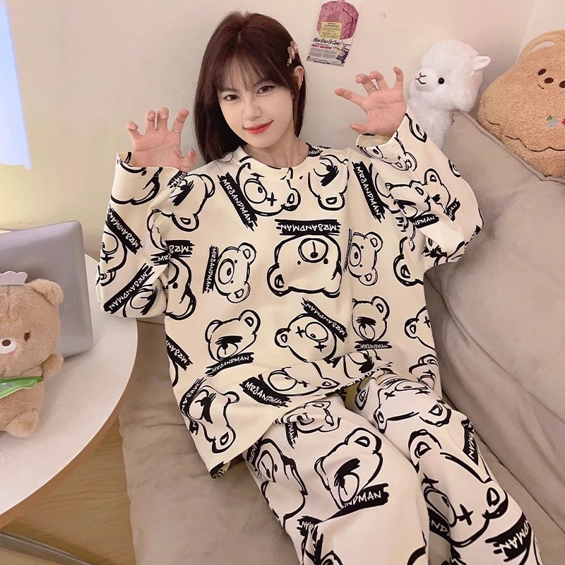 Set bộ đồ ngủ thun gân cao cấp họa tiết họa hình dể thương thu đông mới nhất D542240