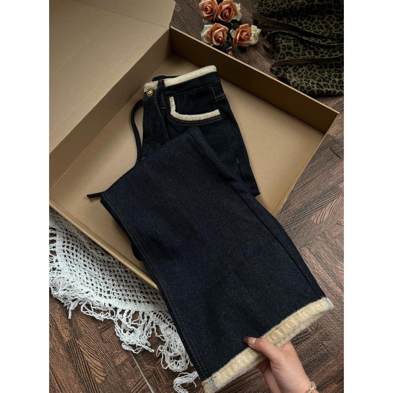 Quần jean Xanh ống rộng cạp cao dáng suông dài có lót lông QJ147240