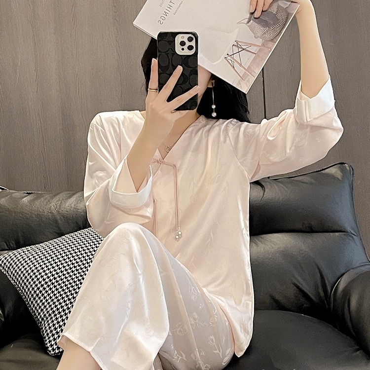 Đồ ngủ Pijama lụa xước hàng hiệu cổ trung hoa đơn giản, thanh lịch DN421240