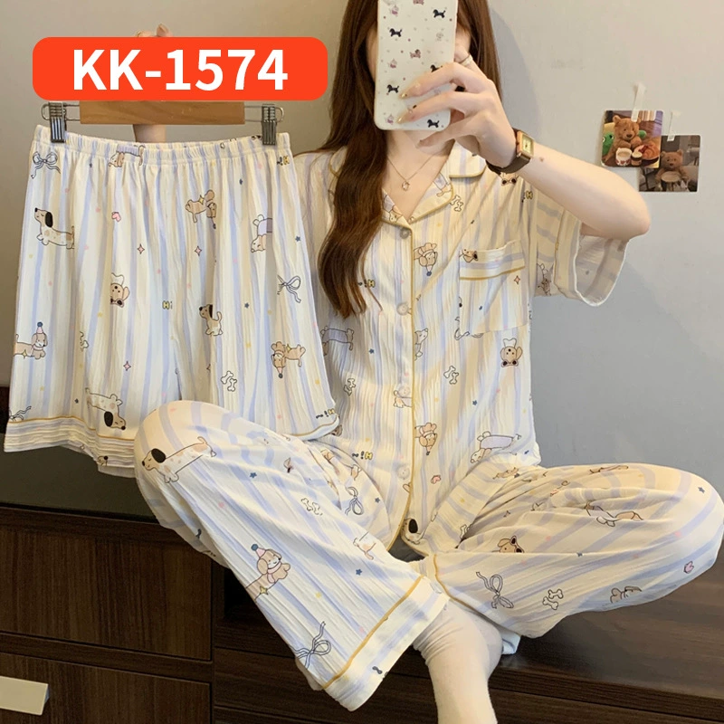 Bộ Đồ Ngủ Nữ Vải Nhăn 3 Món Tay Ngắn - Họa Tiết Nơ Ngọt Ngào Phong Cách Hàn