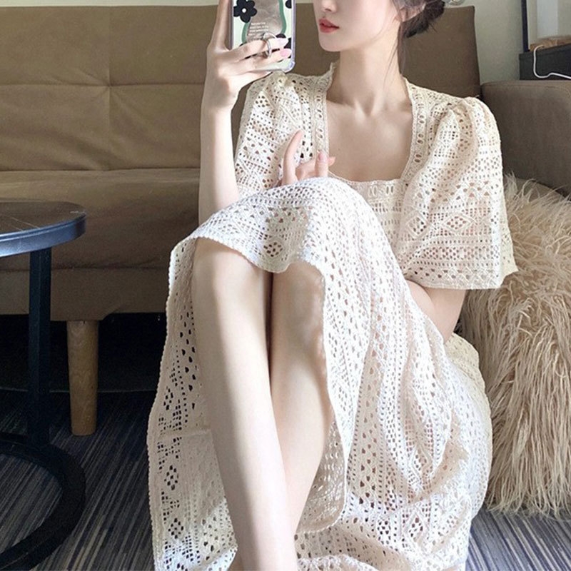 Đầm Dài Ren Cổ Vuông Phong Cách Pháp Thanh Lịch Tôn Dáng