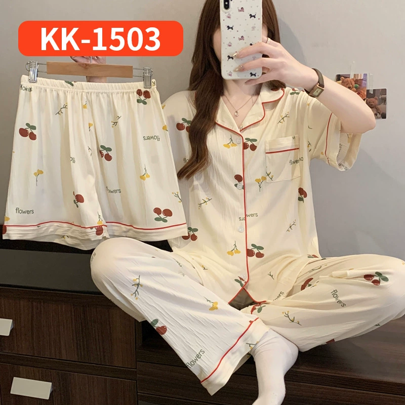 Bộ Đồ Ngủ Nữ Vải Nhăn 3 Món Tay Ngắn - Họa Tiết Nơ Ngọt Ngào Phong Cách Hàn