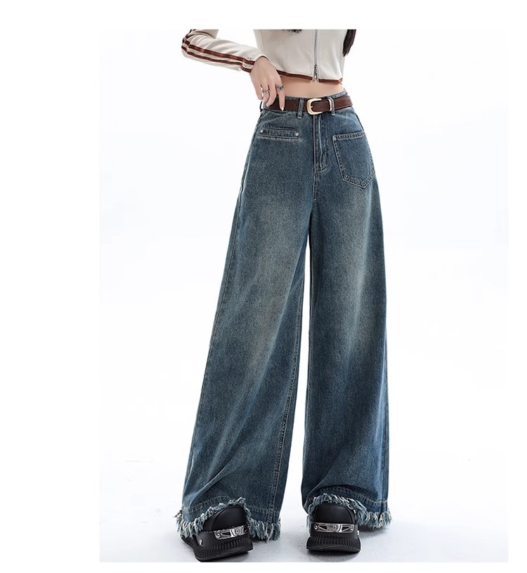 Quần Jean Nữ Ống Rộng Phong Cách Retro Mỹ, Gấu Sơ Vin, Cạp Cao, Dáng Suông Tôn Dáng, Thiết Kế Mới QJ060250