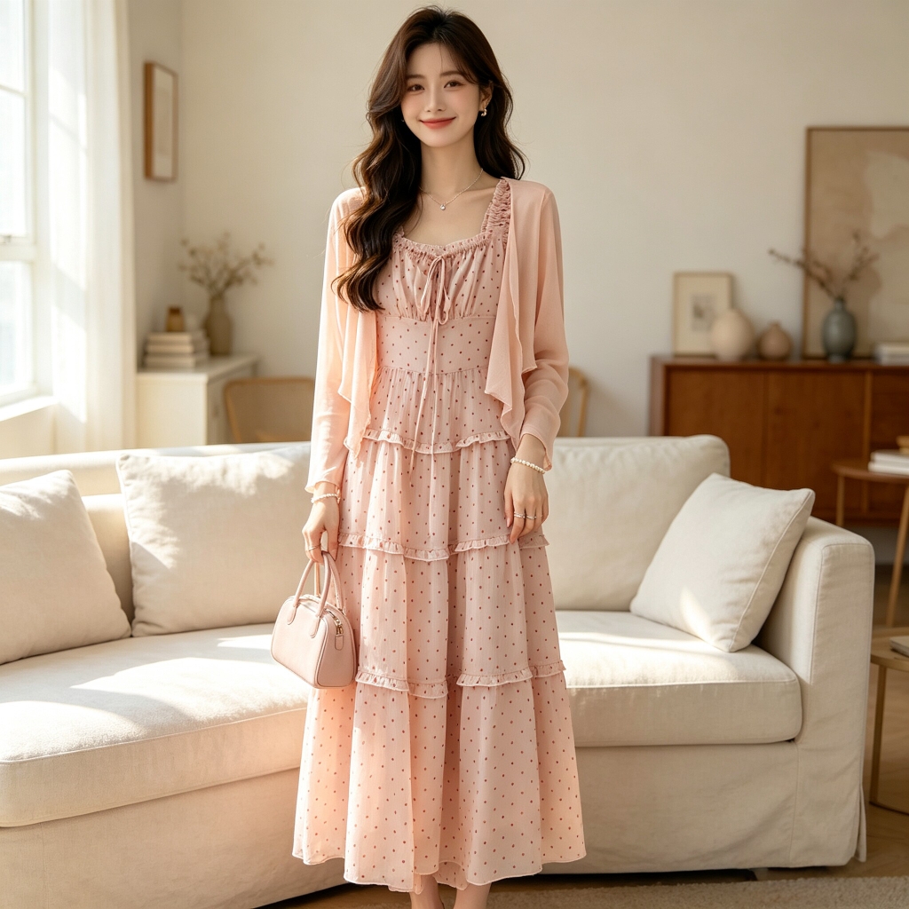 Set 2 món: Áo khoác + Đầm chấm bi đục lỗ B618