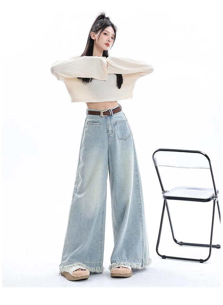 Quần Jean Nữ Ống Rộng Phong Cách Retro Mỹ, Gấu Sơ Vin, Cạp Cao, Dáng Suông Tôn Dáng, Thiết Kế Mới QJ060250