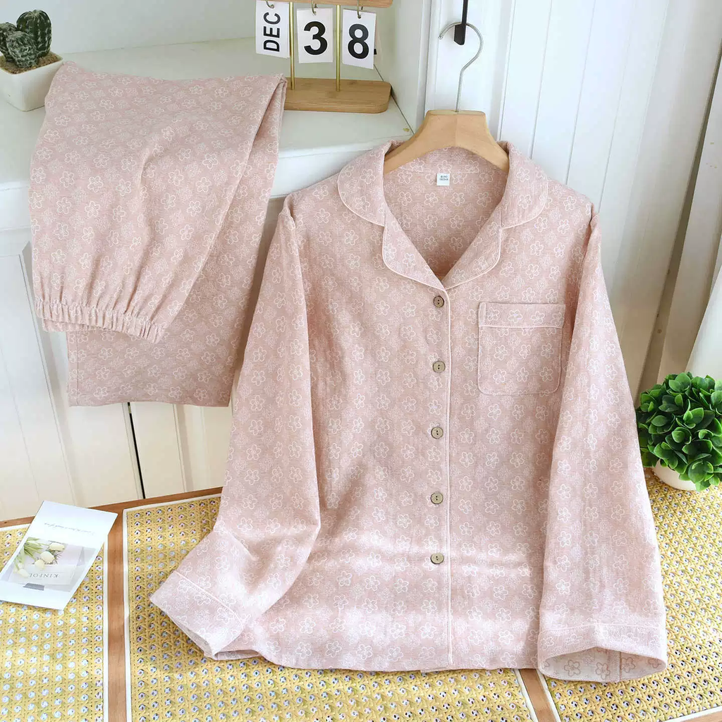 Bộ Đồ Ngủ Pyjama Vải Xô Cotton Jacquard Dài Tay Họa Tiết Vintage