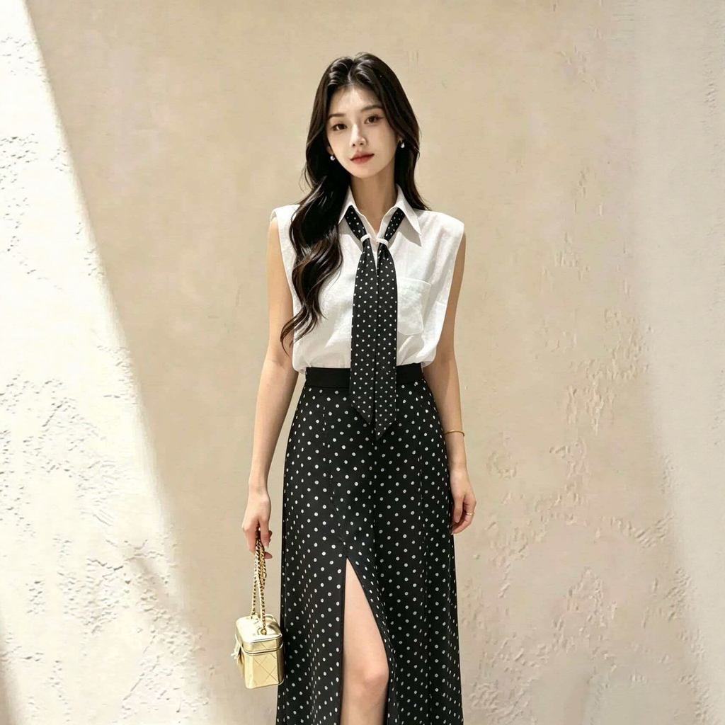 Set 2 món: Áo sơ mi không tay + Quần ống rộng xẻ tà phong cách Pháp B613