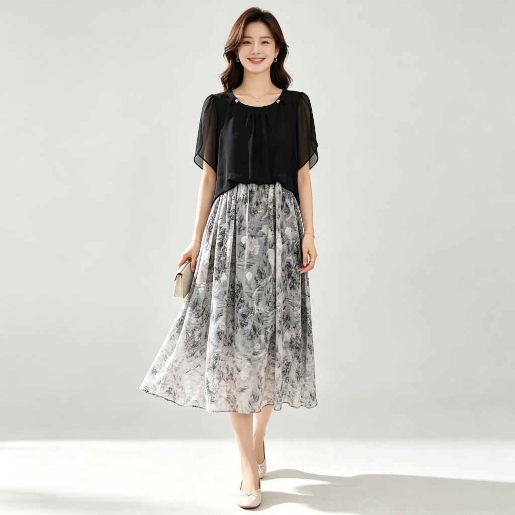 Đầm hoa nhí giả 2 lớp dáng dài B5530