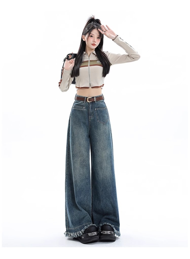 Quần Jean Nữ Ống Rộng Phong Cách Retro Mỹ, Gấu Sơ Vin, Cạp Cao, Dáng Suông Tôn Dáng, Thiết Kế Mới QJ060250