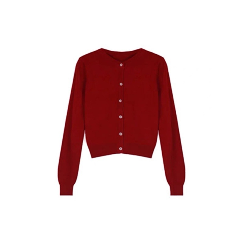 Bộ đồ đầu thu áo len cardigan màu đỏ và quần ống rộng, phù hợp du lịch D117250