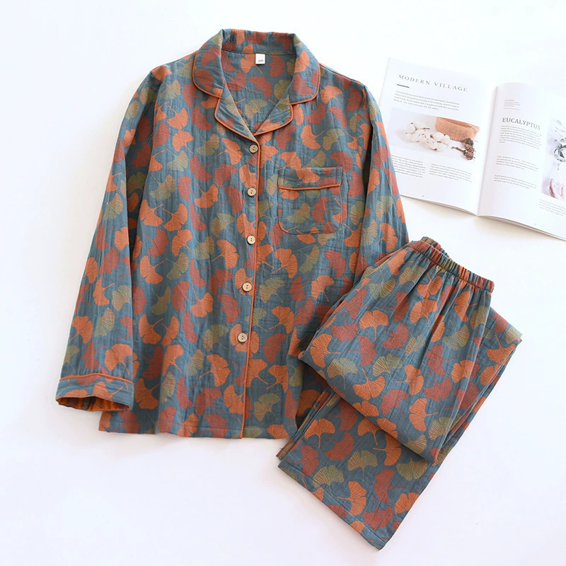 Bộ Đồ Ngủ Pyjama Vải Xô Cotton Jacquard Dài Tay Họa Tiết Vintage