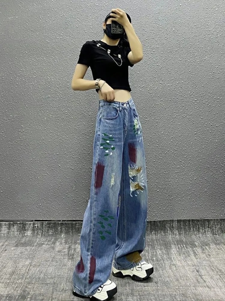 Quần jean rách gối phối sơn cạp cao ống rộng dáng suông dài phong cách HIP HOP QJ018250