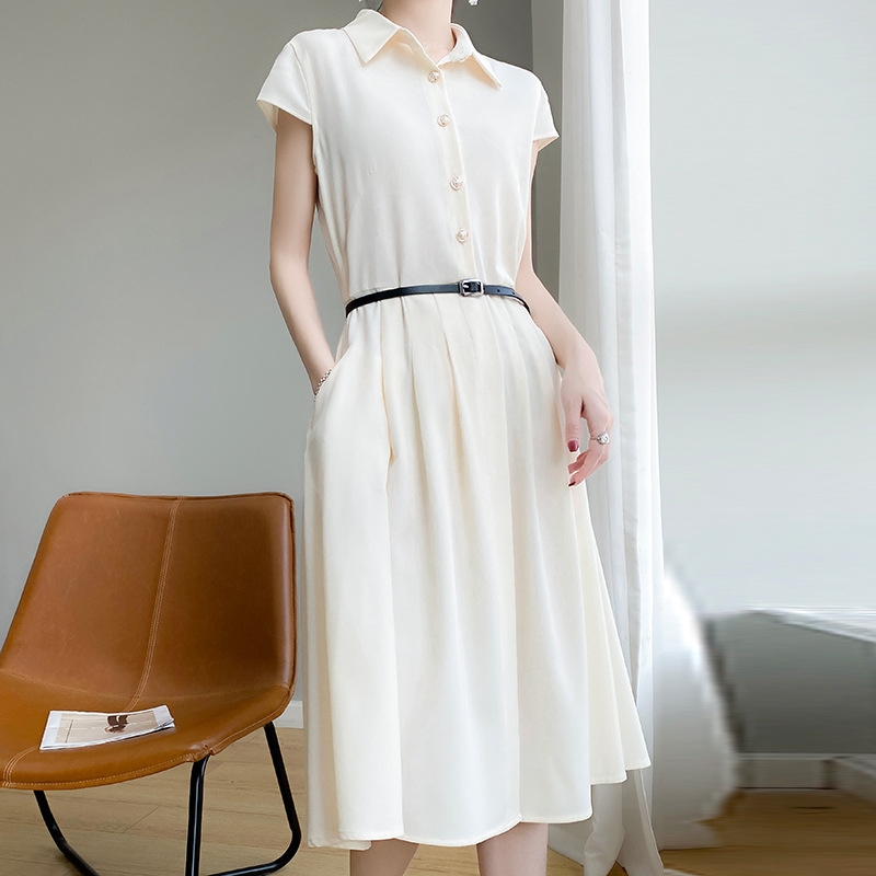 Đầm Sơ Mi Ngắn Tay Chất Acetate Phong Cách Hepburn Pháp Thanh Lịch