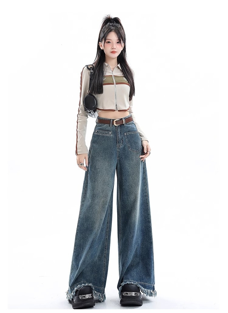 Quần Jean Nữ Ống Rộng Phong Cách Retro Mỹ, Gấu Sơ Vin, Cạp Cao, Dáng Suông Tôn Dáng, Thiết Kế Mới QJ060250