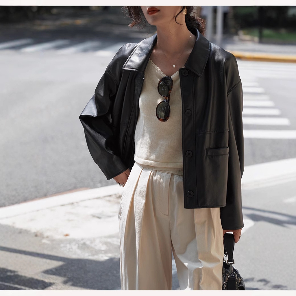 Áo Khoác Da Nữ Dáng Ngắn Phong Cách Pháp Vintage - Màu Đen Cá Tính