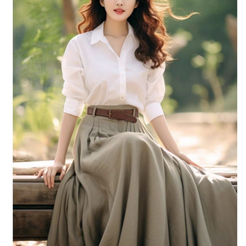 Set đầm áo sơ mi và chân váy kèm belt voan phong cách Hàn Quốc D498240