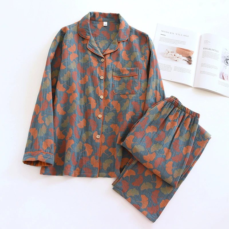 Bộ Đồ Ngủ Pyjama Vải Xô Cotton Jacquard Dài Tay Họa Tiết Vintage