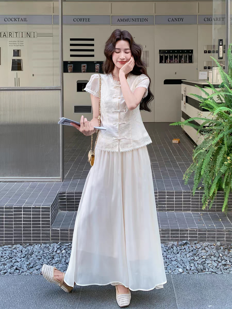 Set 2 món tân trung hoa: Áo ren thêu + Quần ống rộng B477