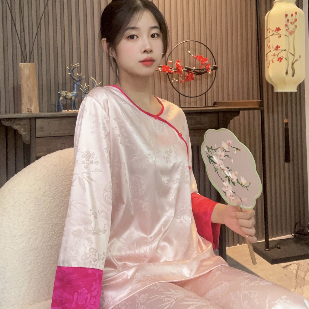 Bộ đồ ngủ lụa băng phong cách Trung Quốc chất liệu jacquard cao cấp XINY DN111250
