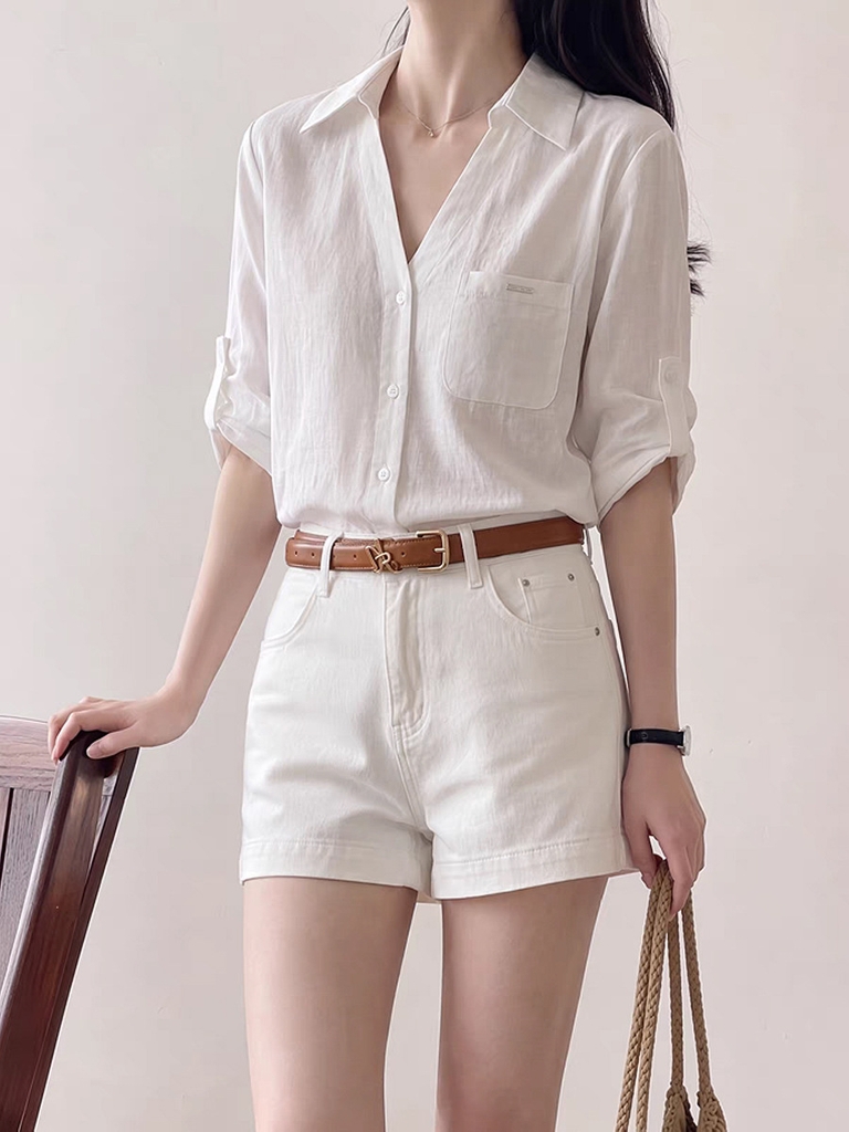 Áo Sơ Mi Vải Lanh Tay Lỡ Cổ V Dáng Rộng Phong Cách Old Money