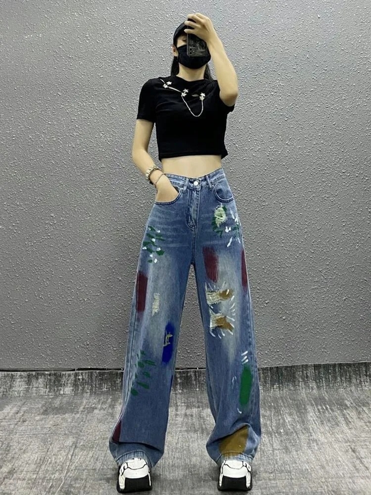 Quần jean rách gối phối sơn cạp cao ống rộng dáng suông dài phong cách HIP HOP QJ018250