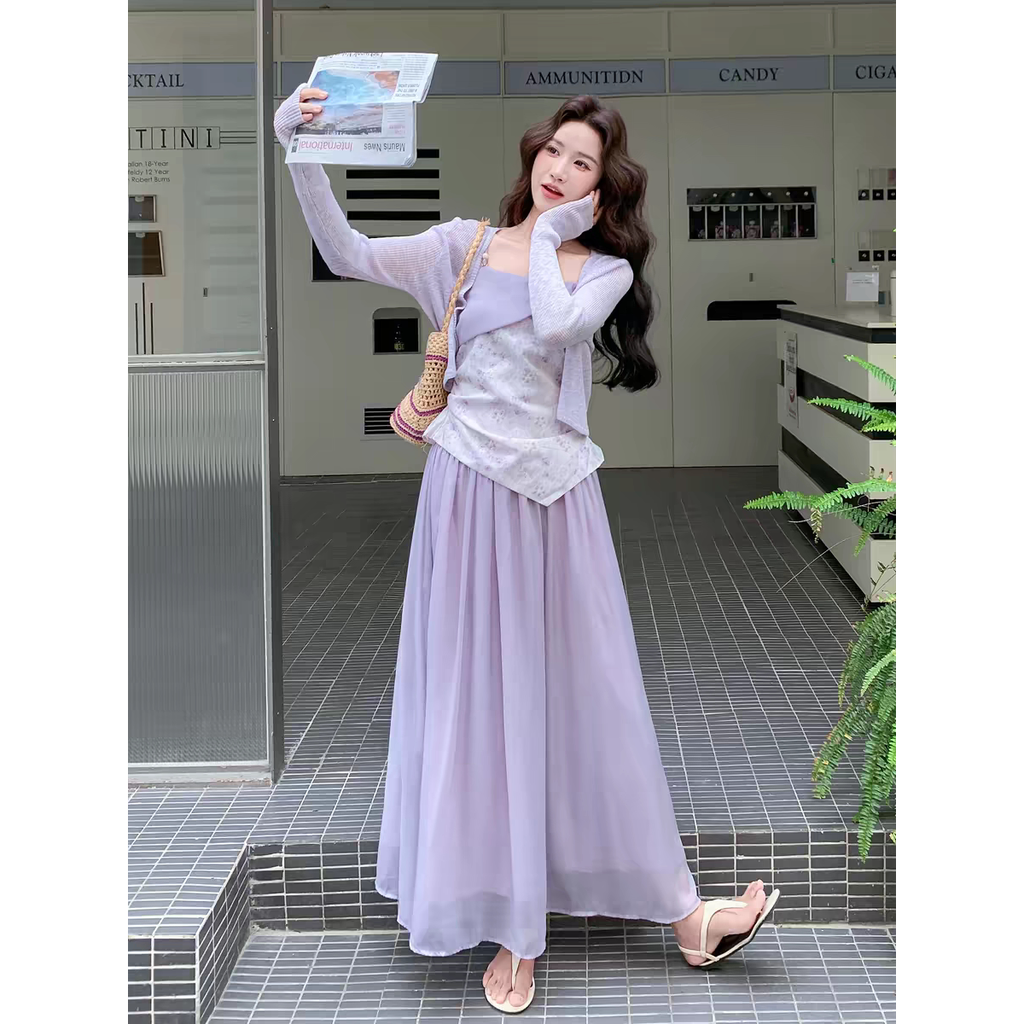 Set 3 món: Áo khoác + Áo hai dây dệt hoa + Chân váy B225