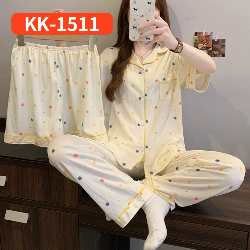 Bộ Đồ Ngủ Nữ Vải Nhăn 3 Món Tay Ngắn - Họa Tiết Nơ Ngọt Ngào Phong Cách Hàn