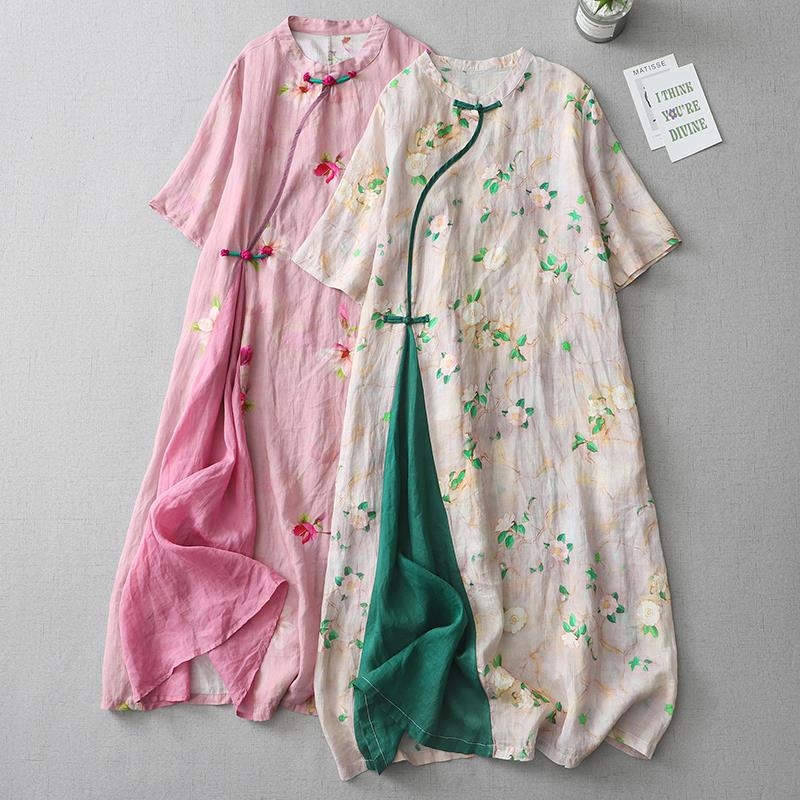 Đầm Cotton Lanh Họa Tiết Hoa Cải Tiến Sườn Xám Dáng Dài Che Bụng Size Lớn