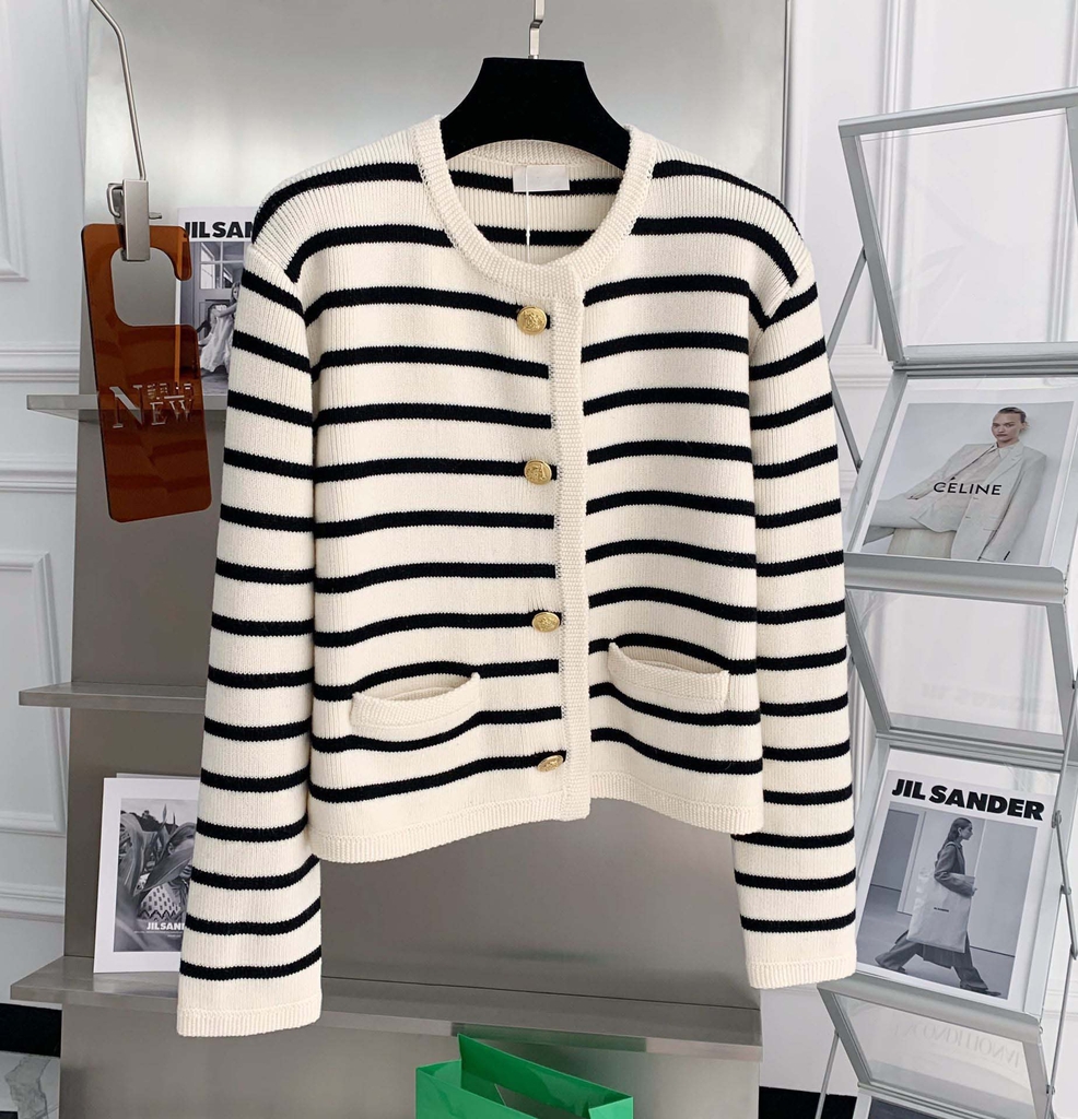 Áo khoác Cardigan len dệt kim kẻ sọc cổ tròn kiểu pháp xu hướng thu đông D316240