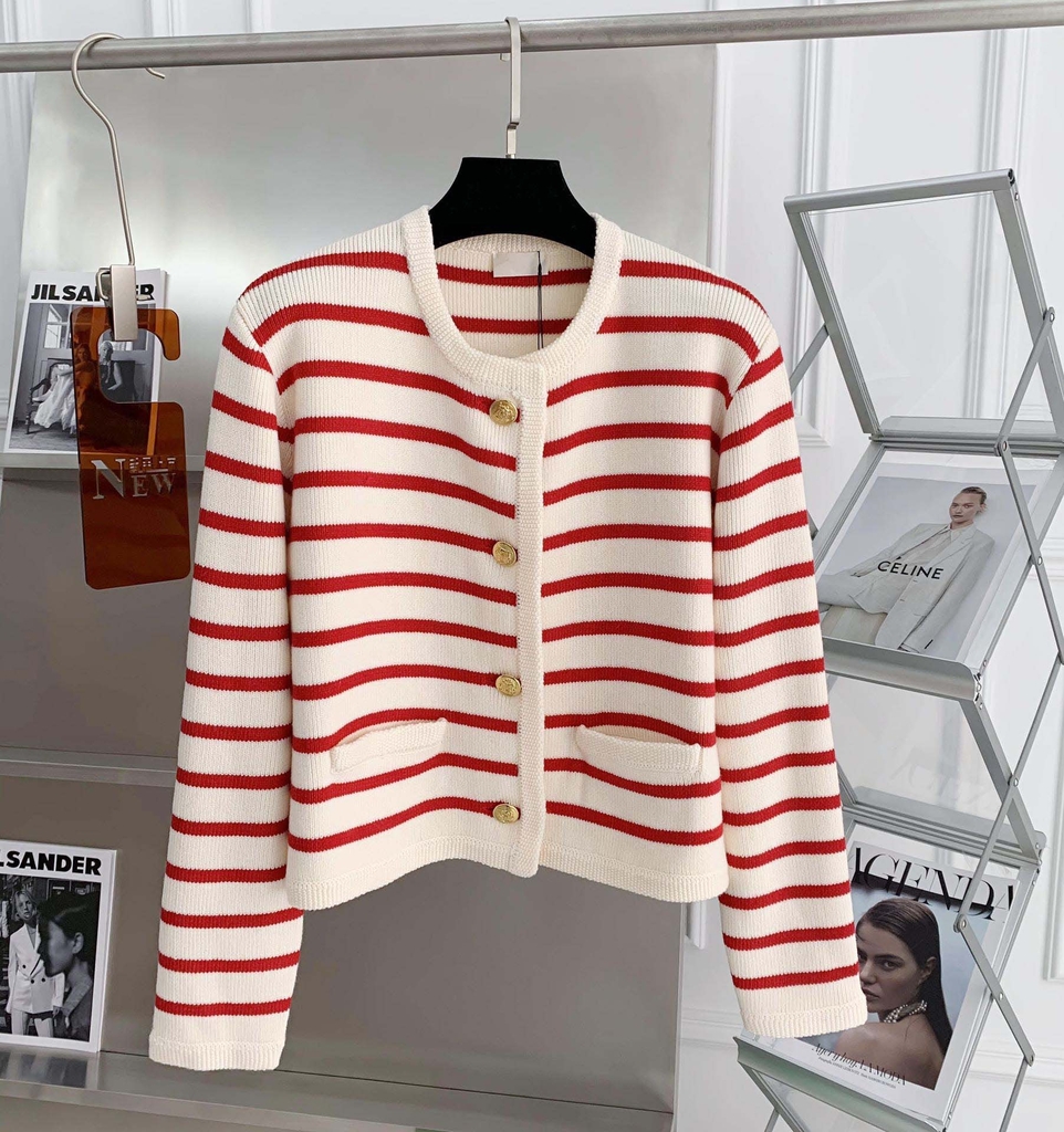Áo khoác Cardigan len dệt kim kẻ sọc cổ tròn kiểu pháp xu hướng thu đông D316240