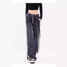 Quần jeans ống rộng ống đứng kẻ sọc đen giặt rộng rãi phong cách retro QJ028250