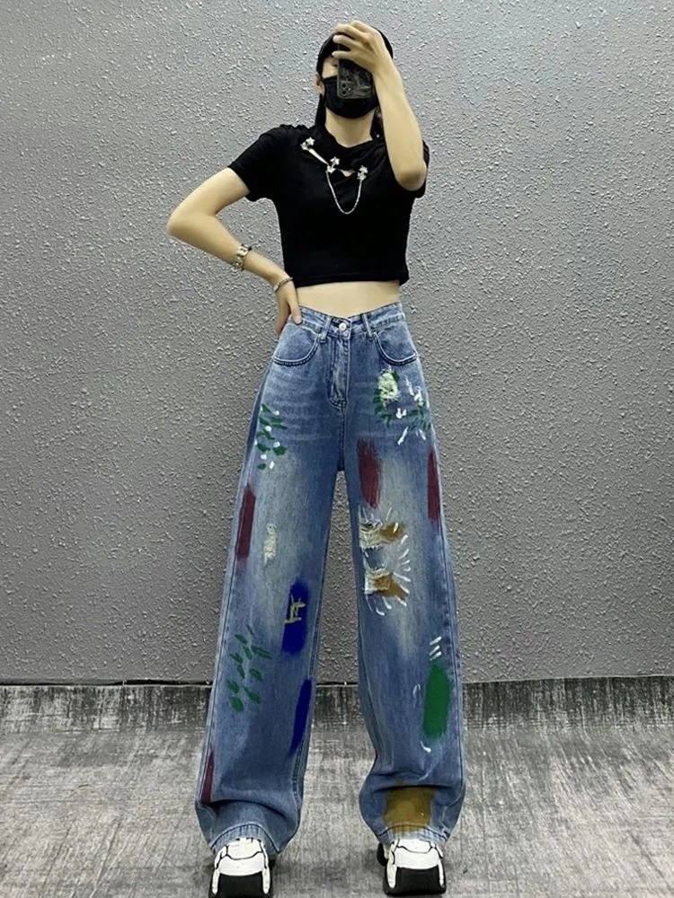 Quần jean rách gối phối sơn cạp cao ống rộng dáng suông dài phong cách HIP HOP QJ018250